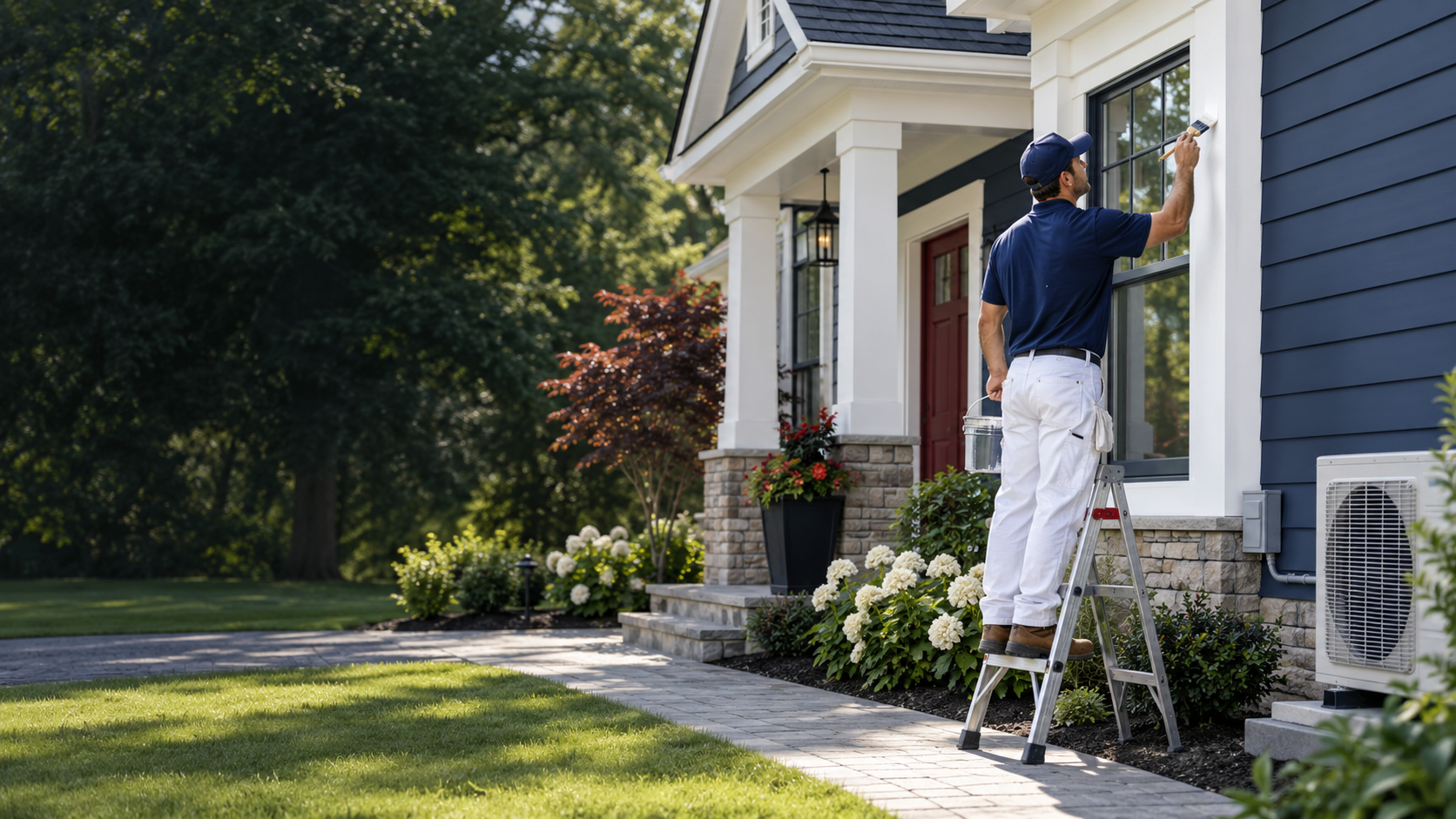Professional exterior painter working on a well-maintained home